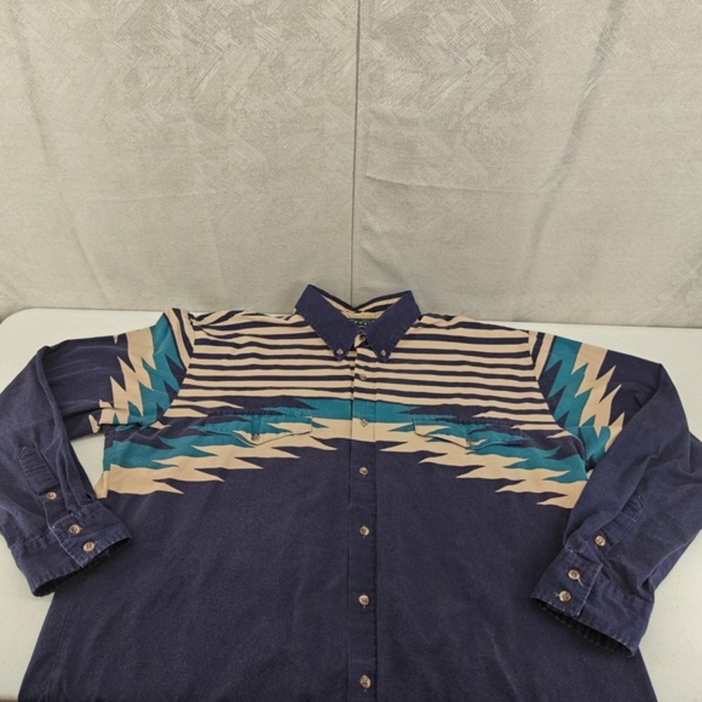 Vintage‎ Roper Border Shirt Mens XL Blue Tan Teal Western Cowboy Aztec Geometric
